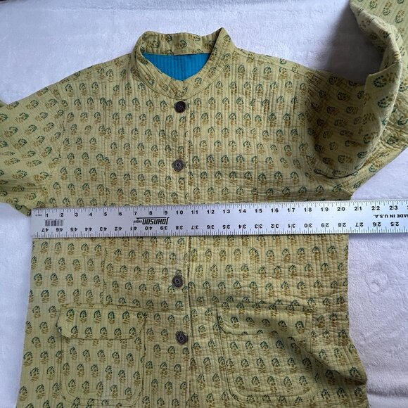 Artisan Print Quilted Jacket Green Mandarin Collar Button Front Pockets Boho - Picture 4 of 5